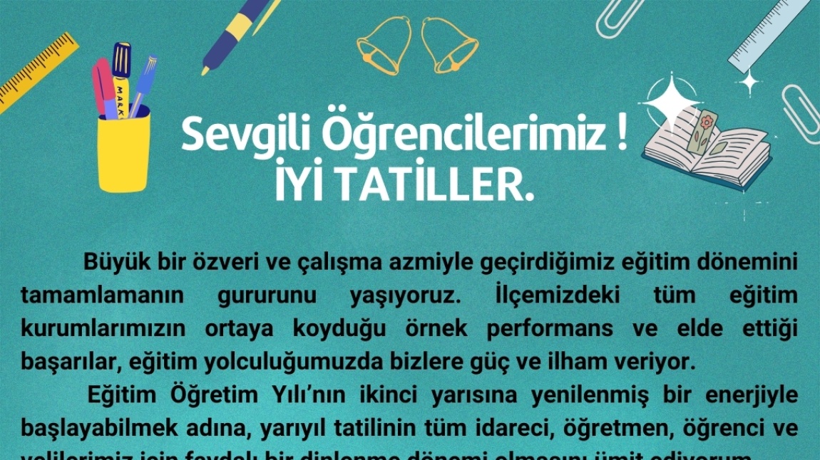 2024-2025 Eğitim Öğretim yılının sonunda öğrencilerimiz karnelerini aldı.İlçe Milli Eğitim Müdürümüz Ekrem Yurt öğrenci,öğretmen ve velilerimize iyi tatiller dileklerini paylaştı.